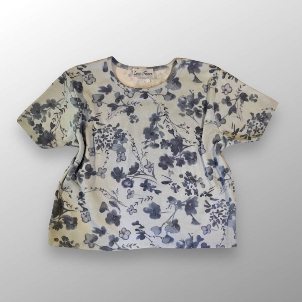 Vintage Cotton Forever Blue Floral Knit Top Retro Cottagecore Large